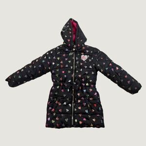 Betsey Johnson Kids Foil Heart Puffer Jacket Size 6 Black Hooded Coat C6